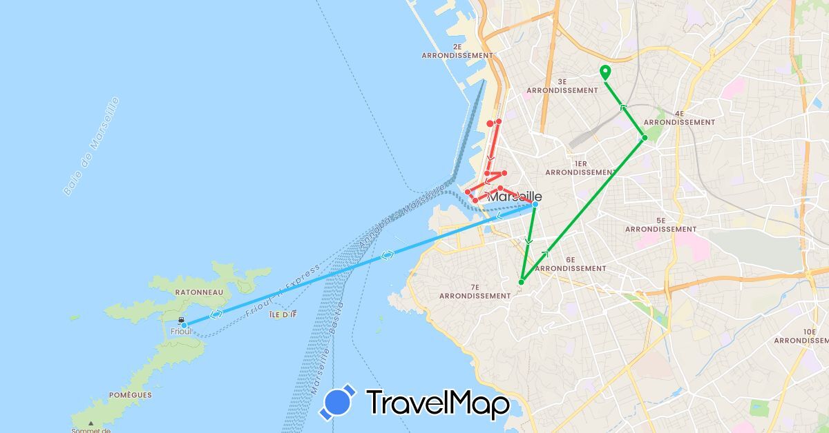 TravelMap itinerary: driving, bus, hiking, boat in France (Europe)